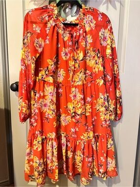Floral Tiered Long-Sleeve Dress in Bright Orange